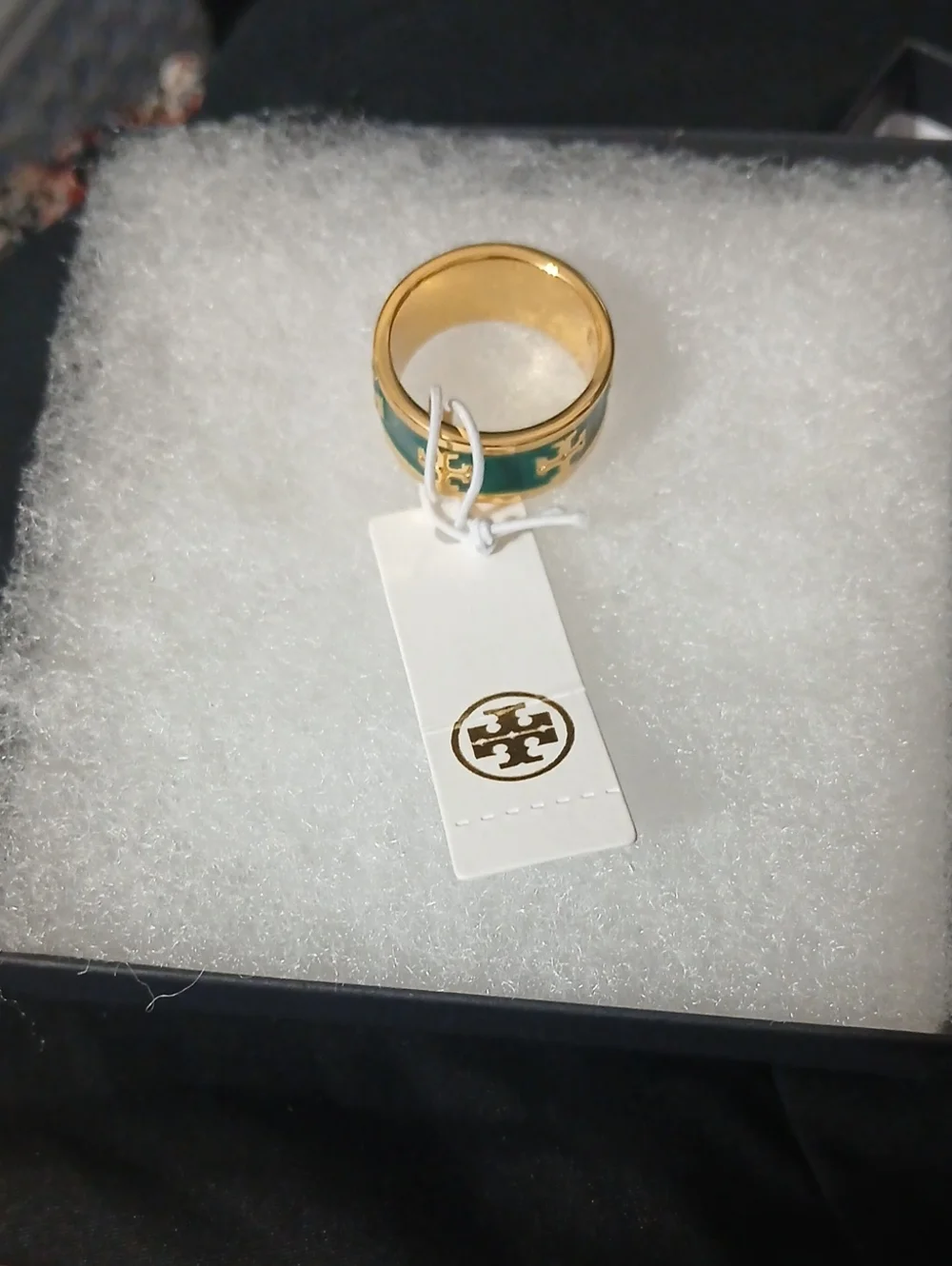Tori Burch Gold and Emerald Green Women's Logo Accent Ring